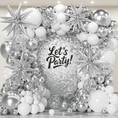 109pcs Silver And White Themed Balloon Arch Set, Includes Exploding Star Foil Balloons And White And Silver Latex Balloons. Perfect For Birthday Parties, Anniversaries, Gatherings, Prom Decorations, And Disco-Themed Party Decorations.