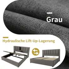 Upholstered Bed 180x200 Cm Double Bed With Hidden Cup Holder & Charging Station, Hydraulic Bed With Storage Space Under The Bed, Incl. Slatted Frame, Linen Grey (Without Mattress) - Grey - View 3