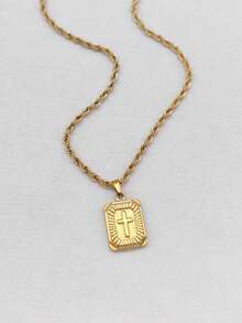 1pc Stainless Steel Double-Sided Cross Pendant Necklace, Unisex Versatile Couple Sweater Chain Accessory - Yellow Gold - View 1