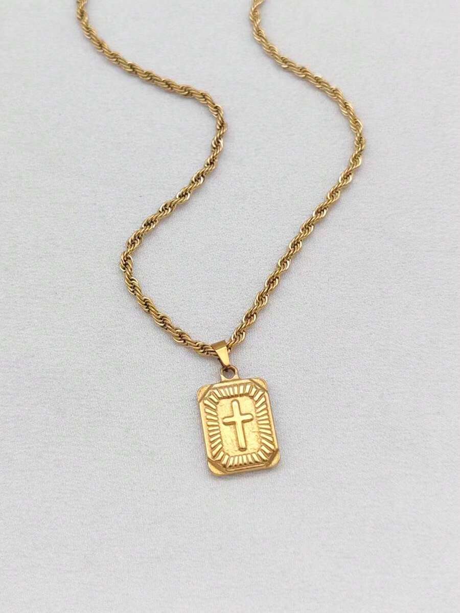 1pc Stainless Steel Double-Sided Cross Pendant Necklace, Unisex Versatile Couple Sweater Chain Accessory - Yellow Gold - View 1