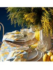 Mediterranean Citrus Grove Inspired Lemon & Blossom Print Tablecloth,French Tablecloth Citron Bleu & Yellow - Yellow - View 2