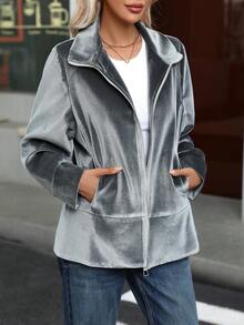 2026 Spring/Autumn New Fashion Velvet Sports Jacket For Plus Size Women - Light Grey - View 3