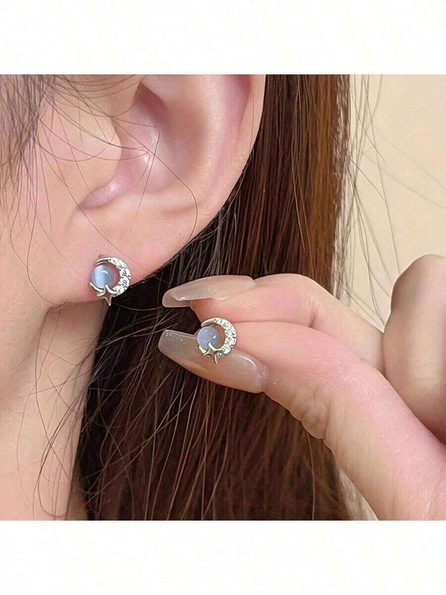 Blue Cat Eye Stone Moon Planet Earrings - Blue - View 1