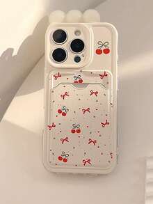 1 pieza Funda de teléfono con tarjetero transparente y diseño de cerezas, diseño clásico, minimalista y de moda, compatible con iPhone 17 Pro Max/16 Pro Max/13/15/16/15 Pro Max/17 Pro/14/11, funda de teléfono con tarjetero transparente y estampado de cerezas de moda - transparente - Ver 1