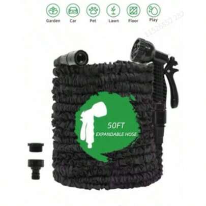 Expanderbar magisk vattenslang med 7 sprutlägen, högtryckstvättfunktion för bilar - perfekt för rengöring av trädgård, gräsmatta och utomhusbruk. Svart, modern minimalistisk design, perfekt för att bada hundar och rengöring utomhus, viktigt tillbehör för husdjursvård. Justerbart munstycke.