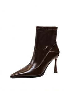 Botas de tobillo de moda para mujer con tacón de aguja sexy de estilo europeo y americano, puntera puntiaguda, tacón alto, ajuste delgado, cremallera trasera y diseño de parches - marrón oscuro - Ver 7