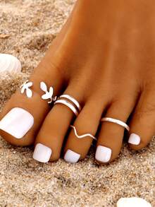 4件套简约别致镂空叶子设计脚趾戒指，适合外出、度假、搭配比基尼和日常穿搭。 - 銀色樹葉 - 查看 4