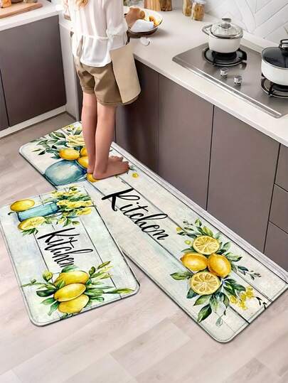 1 件柠檬印花可水洗装饰地毯 - 厨房地毯、厨房垫、厨房地毯、门垫、小地毯、地毯、走廊地毯、地板垫、家居装饰、区域地毯、户外垫、家居装饰、区域地毯、卧室地毯、可水洗地毯