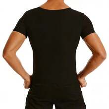 Men's Black Shapewear PU Blue Coated Compression Chest Vest, Abdominal Slimming Waist Sauna Exercise Short Sleeve Tank Top - Black - View 7