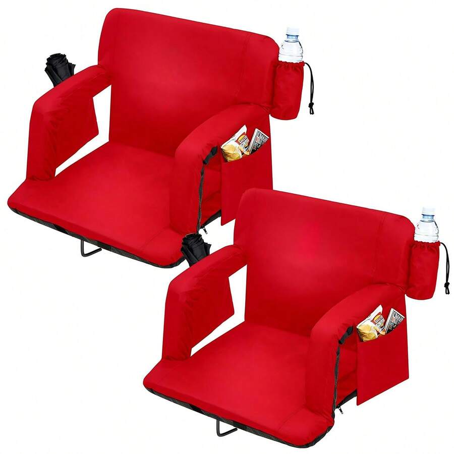 2 Pack Wide Bleacher Seats With Back Support, 6-Position Reclining Stadium Chairs With Adjustable Armrests, Cup Holder & Pockets, Portable Folding Chairs For Sports, Concerts - Red - View 1