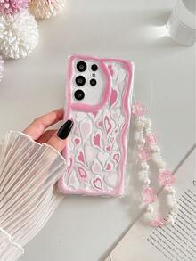 Cream Wavy Edge Glossy Heart Painted Anti-Drop Phone Case With Beaded Bracelet Accessory, Compatible With IPhone 17pro/17Air /17/17promax16/11/16pro/16plus/16promax/16e, Galaxy S25/S25PLUS/S25 Ultra/A16/A36/A26/A56/A50/A12/A32/A52, 11/12Pro/12/12X/13Pro/14Pro/15Pro/, Redmi 10/9/Note9/12c/Note11pro/Note8Pro - Multicolor - View 3