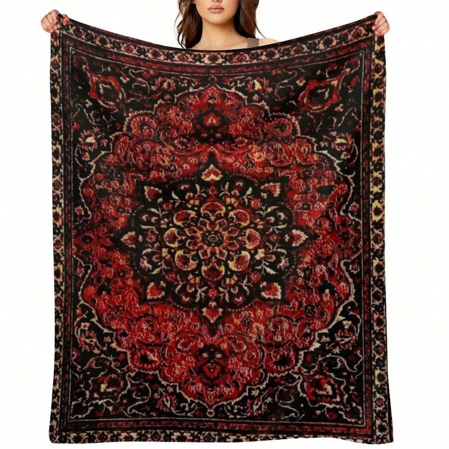 Persian Carpet Look In Rose Throw Blanket Vintage Picnic Warm Camping Blankets - Black - View 1
