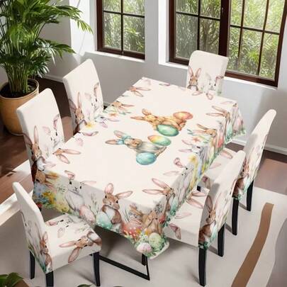 Zestaw 4/5/6/7 pokrowców na krzesła i obrusów wielkanocnych, elegancki i modny design z uroczymi wzorami króliczków i pisanek. Pokrowce na krzesła są praktyczne i dekoracyjne, łatwo stworzyć świąteczną atmosferę, doskonale nadają się do dekoracji świątecznych, sprawdzą się w restauracjach, hotelach i na uroczystościach, idealny prezent wielkanocny.