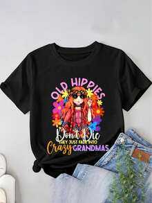 Women's Casual Crew Neck T-Shirt with old Hippie Graphic Print - Breathable & Comfortable, all-Season Short Sleeve Tee - Noir - Voir 3