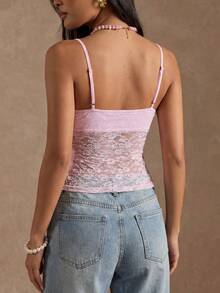 Faeriesty Pink Chic Strappy Crop Top With Delicate Lace Detailing & Front Slit – Idea For Feminine Casual Outings & Summer Festivals - Pink - View 2