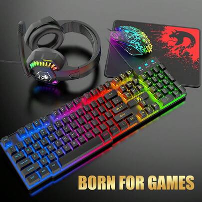 Combo de teclado, mouse y auriculares para juegos con cable MAMBASNAKE, teclado con retroiluminación LED arcoíris, auriculares over-ear con micrófono, mouse para juegos con retroiluminación arcoíris, alfombrilla de ratón