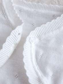 Girls Elegant Solid Color Hollow Out Short Knitted Cardigan, Single Button, Lightweight Shawl - White - View 7