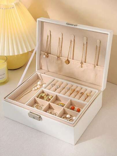 1个大容量双层首饰盒，浴室收纳盒，首饰整理盒，橱柜收纳盒，项链耳环手链戒指首饰盒，法式优雅首饰盒，带锁高端首饰盒，大容量抗氧化手链耳环项链首饰收纳盒，多隔层多层戒指手链吊坠首饰收纳盒，首饰手提盒