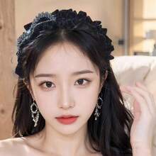 1 件女孩天鹅绒头带，带花朵蕾丝、复古水钻蝴蝶结设计 - 黑色 - 查看 6