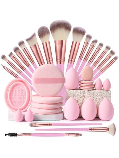 35件套化妆工具套装，包括：18支化妆刷套装+4个化妆海绵+4个迷你化妆海绵+4个圆形粉扑+4个迷你气垫粉扑+1个化妆刷清洁工具，赠品，专业化妆刷，全套化妆工具