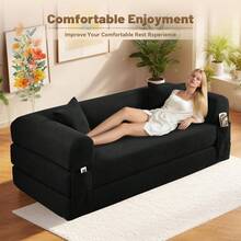 Sofa Bed,80"4-In-1 Convertible Modular Sofa Bed With Pillows,Floor Lounge Sofa, Corduroy Foldable Sofa Bed,For Living Room, Bedroom, Lounge, Studio No Assembly Needed - 黑色 - 查看 9