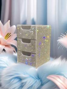 Boîte de rangement de bureau pour bijoux et cosmétiques avec 3 tiroirs ornés de strass, décoration de chambre - Multicolore - Voir 10