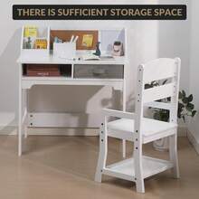 Conjunto de Escritorio y Silla Infantil de Madera, con Cajones de Tela y Portaplumas, Mesa de Estudio y Escritura para Niños y Niñas - Blanco - Ver 3