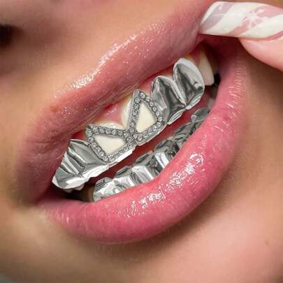 1 Set de decoración de dientes huecos con rhinestones al estilo hip hop, 6 dientes superiores e inferiores, unisex para uso diario, fiesta de discoteca