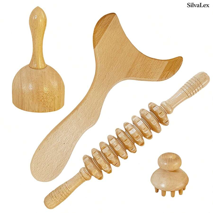 4 piezas Masajeador de madera SilvaLex, se puede usar como regalo del Día de San Valentín, ayuda a relajar la cintura, la espalda, el abdomen, el cuello y los hombros, las piernas, los brazos, un gran regalo del Día de la Madre para mamá - Blanco - Ver 1