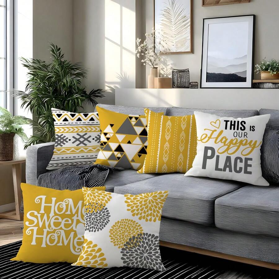 Bộ 6 vỏ gối trang trí hiện đại tối giản màu vàng xám họa tiết hình học "Nhà là nơi tuyệt vời nhất & Đây là chốn hạnh phúc của chúng ta" [Không kèm ruột gối], kích thước 17.7*17.7in (45*45cm)/19.69*19.69in (50*50cm)/15.75*15.75in (40*40cm), [In một mặt] Vỏ gối trang trí bằng polyester thích hợp cho ghế sofa, giường, phòng khách, phòng ngủ, xe hơi, văn phòng, khách sạn, món quà hoàn hảo cho gia đình và bạn bè trong mọi mùa.