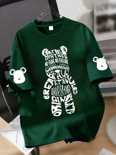 Camiseta holgada de manga corta de verano con estampado de oso y lema "No Fear" para niños, estilo Y2K hip hop y streetwear