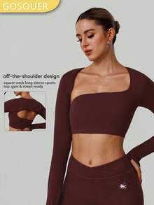 GOSOUER Women's Poncho Sleeve Square Neck Yoga Sports Fitness Backless Cropped Long Sleeve Shirt With Thumb Hole - Burgundy - View 2