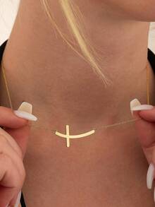 1pc 18K Gold Plated Stainless Steel Women's Cross Necklace, Personalized Side Cross Necklace, Christian Gift, Gift For Her - Gold - View 3