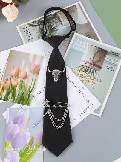 哥特式牛头骨链条领带，男女通用，可调节拉链领带，朋克摇滚明星胸针装饰领带，Y2K街头服饰配饰