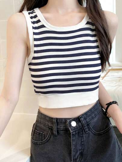 Áo tank top lửng nữ mùa hè, kiểu dáng thường ngày, phù hợp đi nghỉ mát và đi làm, phối màu kẻ sọc.