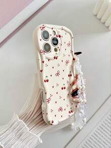防震樱桃图案新颖奶油色纹理波浪边亮面心形、樱桃、蝴蝶结装饰彩绘防摔手机壳，配串珠手链配件，兼容 17 Pro/17 Air/17/17 Pro Max/16/11/16 Pro/16 Plus/16 Pro Max/16 e/15 Pro Max/13/14/12/XS/XR/7G/8P、Galaxy，国际版，非国内版，春季礼物 - 彩色 - 查看 3