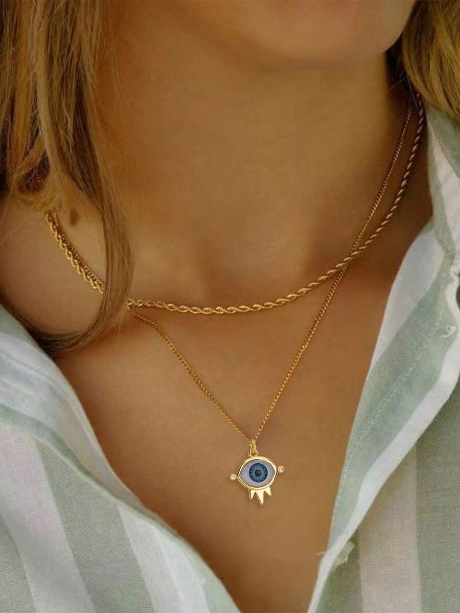 2pcs Fashionable Minimalist Twisted Chain Multi-Layer Necklace With Devil's Eye Copper Pendant For Women - Yellow Gold - View 1