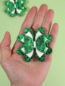 2pcs Green Glitter Hair Bows For Girls Cute Hair Clips St. Patrick's Day Theme Party Hairpins Side-Parted Bangs, Side Hair, Ponytail Barrettes Girls Teens Hair Accessories - Green - View 4