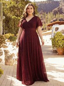 Plus V Neck Butterfly Sleeve Formal Dress, Bridesmaid Dress