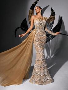 优雅女士无袖露肩亮片串珠正式晚礼服，系带连衣裙，适合婚礼、春季派对等场合 - 香檳色 - 查看 5