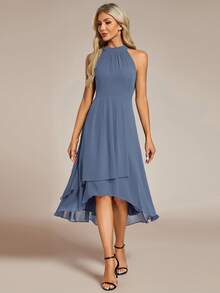 EVERPRETTY Elegant Ruffle Backless High-Low Hem Chiffon Bridesmaid Dress, Dusty Blue, Midi Length, Suitable For Wedding, Party, Formal Occasions Spring - Dusty Blue - View 5