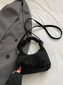 New Design Plush Cloud Bag, Hand-Held Crinkle Shoulder Bag Women's Crescent Crossbody Bag - Black - View 8