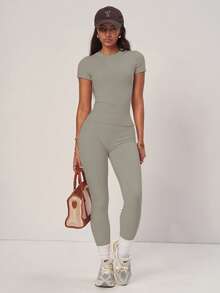PinkTip Khaki Basic Top And Pants Set, High-Waisted Loose Fit, Essential For Summer Casual And Fitness Sports - Khaki - View 4