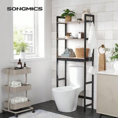 Estantería para Inodoro SONGMICS, Organizador de Baño de 3 Niveles con Estantes Ajustables, Estante Multifuncional para Baño, Gris y Negro