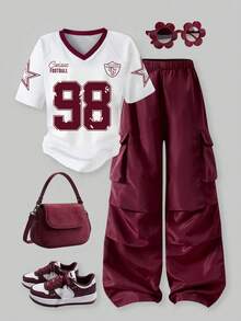 Teen Girl Numeric Print Short Sleeve T-Shirt And Cargo Pants Casual Outfit - Burgundy - View 1