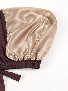 1件女士纯色系带弹力抽绳发带，带衬里， - 咖啡 - 查看 4