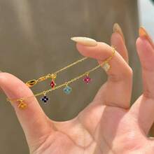 1pc Stainless Steel Korean Fashion Fresh Dopamine Colorful Four-Leaf Clover Ring, Elegant Design Elegant High-End Women's Finger Ring - Yellow Gold - View 11