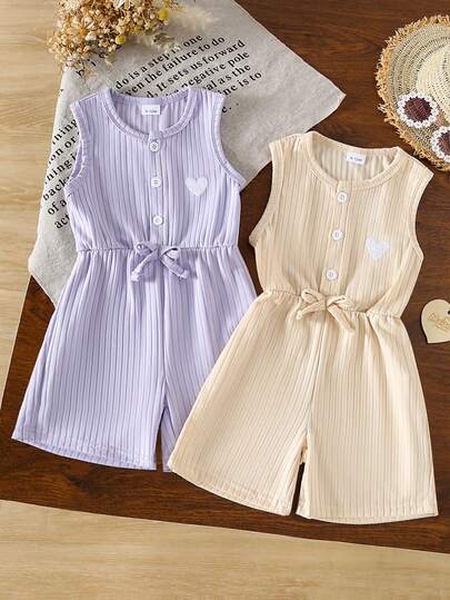 2pcs/Set Baby Girls Sweet Solid Ribbed Heart Embroidery Sleeveless Romper With Round Neck Single-Breasted Half-Open Design & Bow Tie Waist Casual Comfortable Baby Girl Shorts Set, Summer