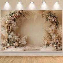 这款波西米亚乡村风格背景布以蒲苇草、玫瑰和干花为特色，是生日派对、婚礼、订婚、户外聚会和节日庆典的理想之选。提供多种尺寸。非常适合乡村婚礼装饰、节日布置、艺术花艺设计、派对装饰和摄影道具。 - 彩色 - 查看 2