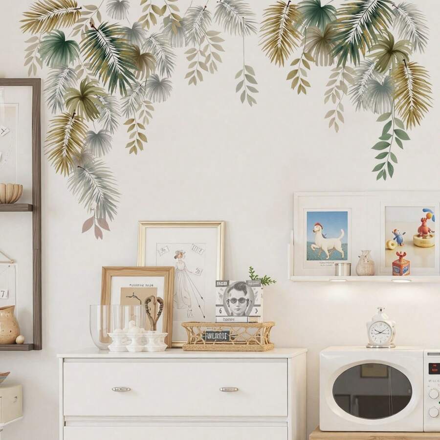 2pcs Removable Plant Leaf Wall Stickers, Bedroom Wall Vine Decals - 69243-pale Shadow - View 1